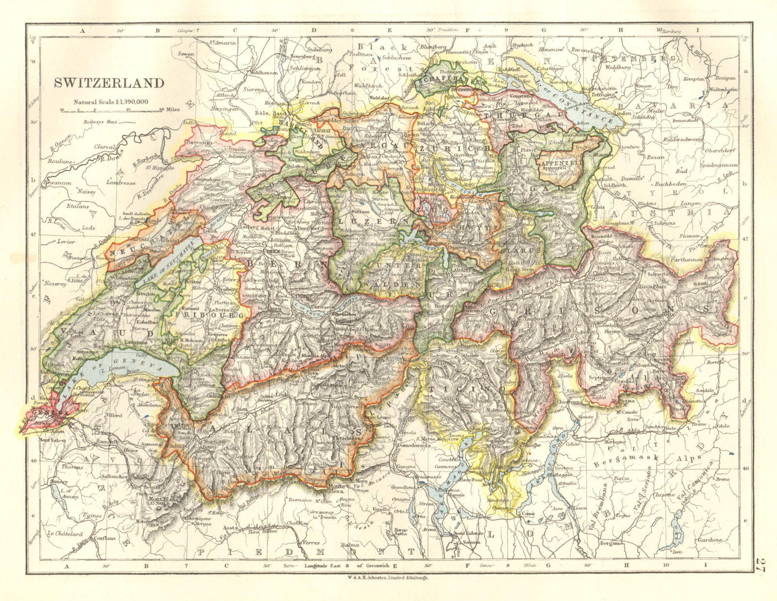 SWITZERLAND. Shows cantons & railways. Alps. Italian lakes. JOHNSTON 1920 map
